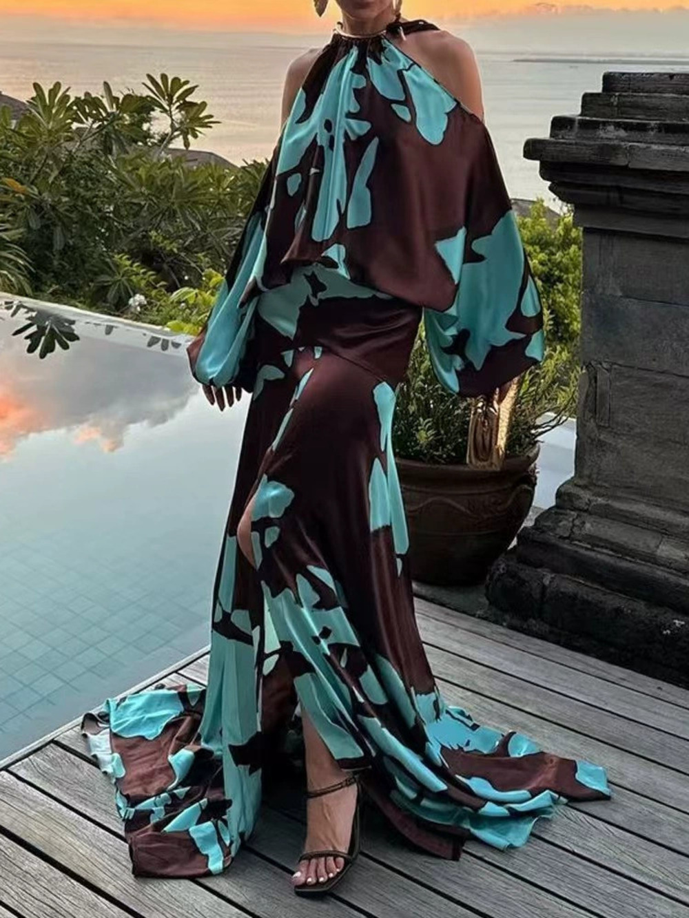 ZARA Elegant Resort Floral Off Shoulder Raglan Sleeve Flared Slit Dress